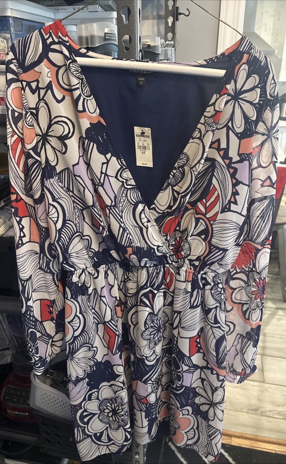 Express Floral Long Sleeve Dress Navy Blue Coral V-Neck Elastic Waist S, photo